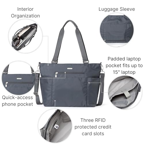 Baggallini Essential Laptop Tote - Work Tote Bag with Laptop Sleeve - Lightweight Travel Crossbody Shoulder Bag for Women, Charcoal Gray