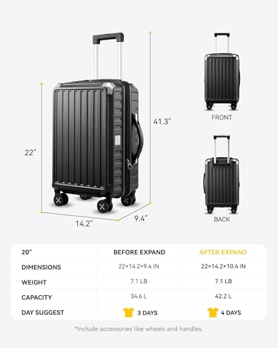 LUGGEX Carry On Luggage 22x14x9 Airline Approved, PC Expandable Hard Shell Suitcases with Spinner Wheels, 20 Inch, Charcoal Metallic