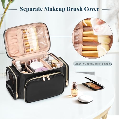 Bagmoly Large Makeup Bag, Portable Travel Makeup Bag Organizer for Women Girls with Makeup Brush Compartment & Two Side Pockets, Cosmetic Travel Bag Vertical Storage Toiletry Bag - Black