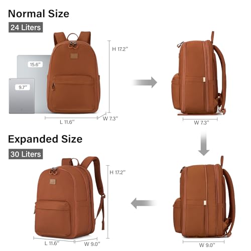 Hanke Expandable Laptop Backpack for Women and Men, 24L-30L Travel Backpack, 15.6 Inch College Laptop Bookbag for Work, Water Resistant Carry On Personal Item Bag, Caramel