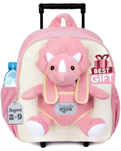Toddler Luggage for Girls w Dinosaur Toys, Kids Rolling Backpack Girls, Toddler Suitcase, Gifts for 3 4 5 6 Year Old