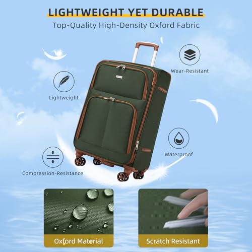 LARVENDER Luggage Sets 5 Piece Softside Expandable Suitcases Set with Spinner Wheels TSA Lock, Lightweight Soft Shell Rolling Travel Luggage Set Clearance for Men and Women, Green Brown