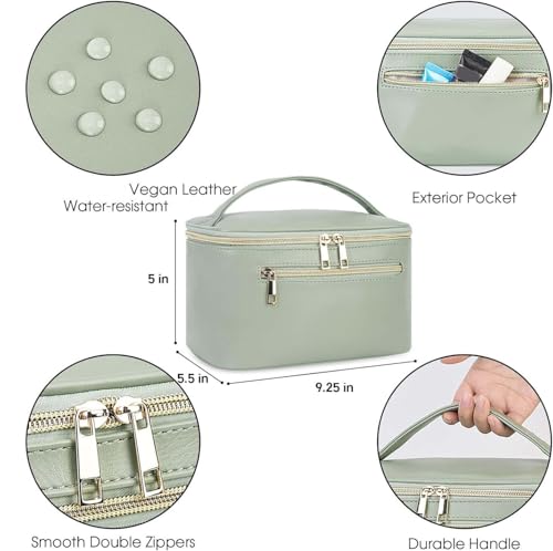 Wandering Nature Makeup Bag, Travel Make Up Organizer Cosmetic Brush Bags Case for Women in Vegan Leather, Sage Green, Patent Pending