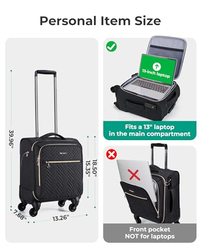 BAGSMART Underseat Carry On luggage Airline approved, 16-inch Softside Underseater Travel Suitcase with Spinner Wheels Lightweight Overnight Bag Small Rolling Carry-on for Women Men Weekender,Black