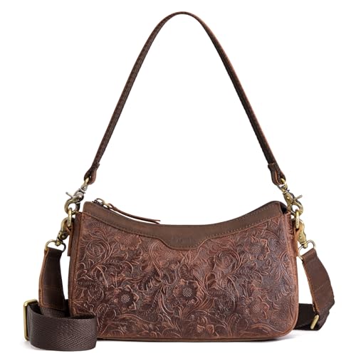 S-ZONE Leather Shoulder Bag for Women Small Crossbody Bags Hobo Purses with 2 Straps (Rose Pattern Dark Brown)