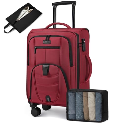 LOVEVOOK Carry On Luggage Airline Approved, Suitcases with Spinner Wheels, Softside Carry-on Luggage with TSA Lock for Women Business Trip, Lightweight Large Capacity Luggage for Travel, Burgundy Red