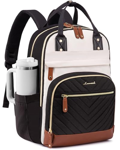 LOVEVOOK Laptop Backpack Women with Giant Tumbler Holder,15.6 inch Waterproof Work Travel Backpack Computer Laptop Bag,Cute College Nurse Teacher Backpack Purse,Gifts for Women & Men,Beige-Black-Brown