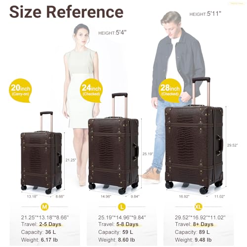 NZBZ Vintage Luggage Sets for Women, PU Leather Retro Suitcase, Vintage Trunk Luggage, Vintage Suitcase Set (Brown Crocodile-embossed, 20inch & 24inch & 28inch)