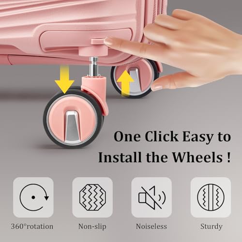 TRAVELEO 4 Piece Luggage Set PP Hardshell, Expandable Suitcase Set (20/24/28) with 14" Cosmetic Case, Lightweight Spinner Wheels with TSA Lock, Detachable Wheels for Nesting Storage (Pink)