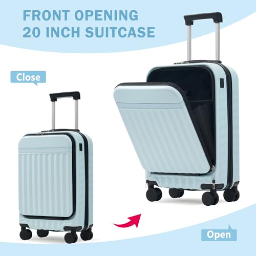 Merax Luggage Sets 3 Piece, Hardside Carry On Suitcase with Front Open,USB Port&Spinner Wheels, Lightweight Durable Luggage for Travel | TSA Lock, Expandable Suitcase Set for Men and Women,Light Blue