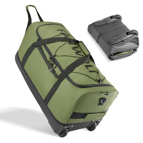 Fanwoli Collapsible & Expandable 100L-120L Large Rolling Duffle Bag - 30'' Waterproof Wheeled Luggage with No-Sag Heavyload Design, Lock & Soft Handle for Travel, Camping, Dorm, Moving (Green)