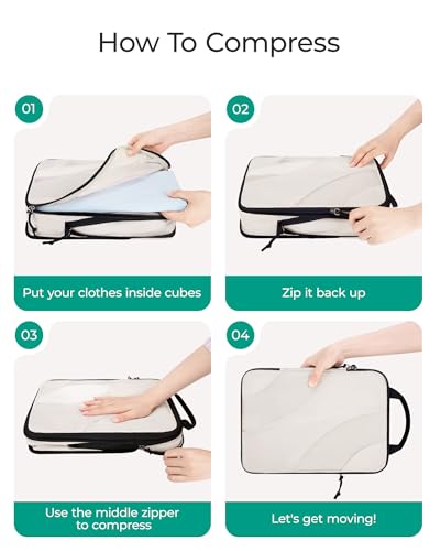 BAGSMART Compression Packing Cubes for Travel, 6 Set Travel Packing Cubes for Suitcases, Compression Suitcase Organizers Bag Set, Lightweight Packing Organizers White Opal