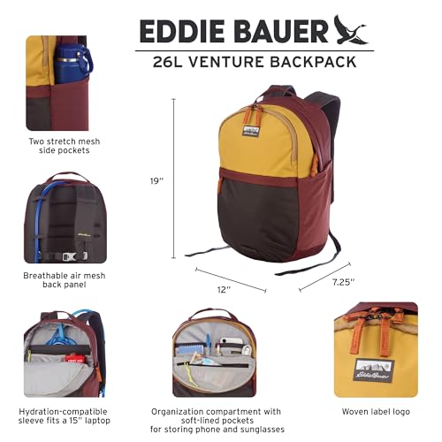 Eddie Bauer 26L Venture Backpack, Hydration and Laptop Compatible Daypack, Carbon Black