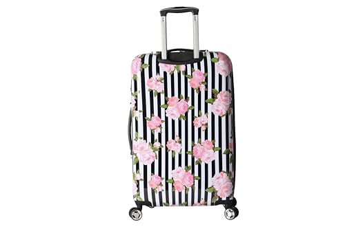 Betsey Johnson 26 Inch Checked Luggage Collection - Expandable Scratch Resistant (ABS + PC) Hardside Suitcase - Designer Lightweight Bag with 8-Rolling Spinner Wheels (Stripe Roses)