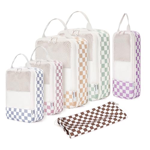 Narwey 6 Set Compression Packing Cubes for Travel Women Men, Travel Cubes for Carry On Suitcase, Durable Compression Luggage Organizer Bags (Combined Checkerboard)