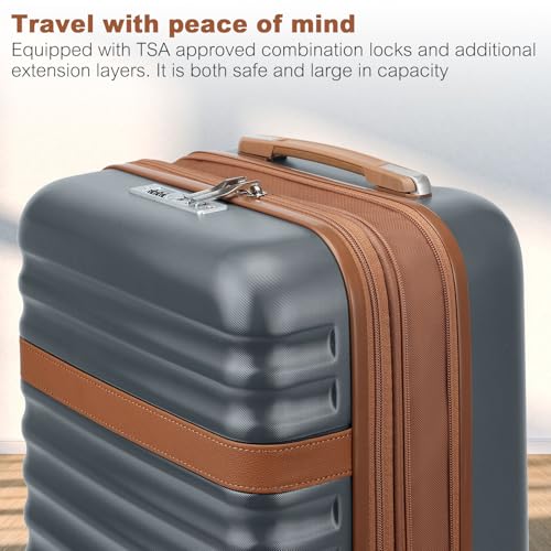 Kono Medium Sized Checked Luggage, 24 Inch Expandable with Spinner Wheels, TSA Lock, ABS + PC Lightweight Travel Suitcase with Larger Capacity and Lighter Weight, Grey Brown
