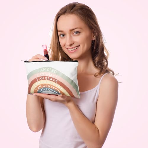 Chunful 10 Pieces Inspirational Canvas Makeup Bags for Women Graduation Gift Rainbow Canvas Cosmetic Bags Bulk with Zipper Friendship Gift Travel Toiletry Pouch(Motivation)