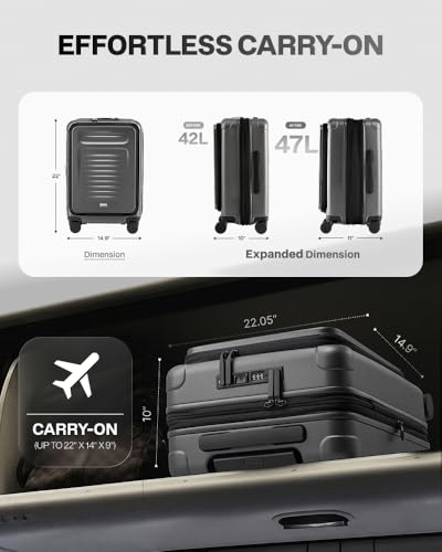 Coolife Carry On Luggage Suitcase : 22x14x9 Airline Approved Travel Luggage with Spinner Wheels, Front Pocket Expandable Hardshell Suitcases with TSA Lock Grey