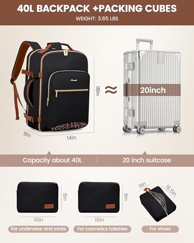 LOVEVOOK 40L Travel Backpack Flight Approved Carry on Backpack,3 Packing Cubes,Waterproof Personal Item Travel Bag,TSA Carry on Luggage Suitcase Travel Essentials,Gifts for Women & Men,fits 17" Laptop