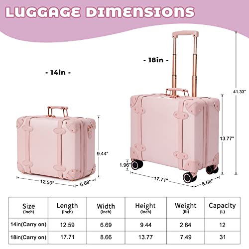 Miss.Box Vintage Carry On Luggage Set with Wheels for Women, Retro Trunk Style PU Leather Suitcase with Matching Vanity Case, 14” & 18” Set