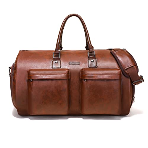 Modoker Convertible Leather Garment Bag, Carry on Garment Bags for Travel Waterproof Garment Duffel Bag Gifts for Men Women Business - 2 in 1 Hanging Suitcase Suit Travel Bags in Brown