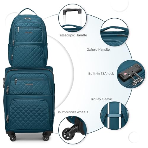 LARVENDER 3 Piece Luggage Set with Spinner Wheels - Expandable Softside 20 Inch Carry On Suitcase 22x14x9 Airline Approved,TSA Lock, Blue