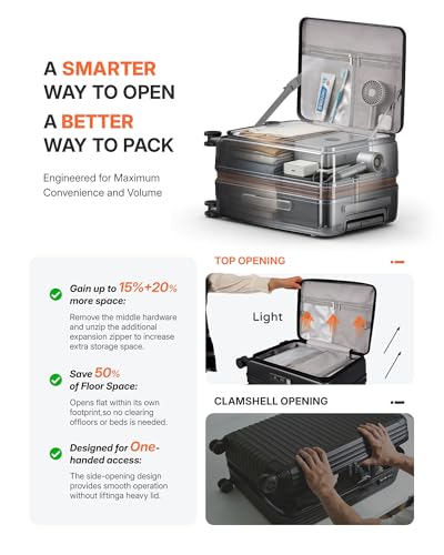 ISLAND ELEPHANT Expandable 20Inch Carry On Luggage Airline Approved - Top Opening Hardside Travel Suitcase Unbreakable -with Cup Holder,USB Charge,Side Pothook, 360°Spinner Wheels, TSA Lock-Black