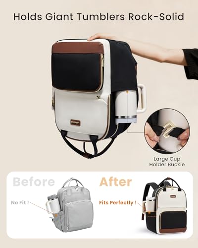 LOVEVOOK Laptop Backpack for Women with Giant Tumbler Holder Pocket, 15.6 inch Travel Work Backpack Purse for Teacher Nurse, Waterproof College Book Bag Cute Casual Daypack, Beige-Black-Brown