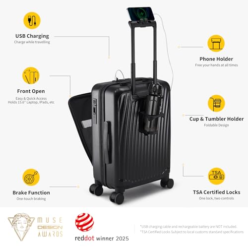 OIWAS Carry On Luggage with Cup Holder, Top Opening Carry On Suitcase with USB Port, Phone Holder, One-Click Brake, Top Lid Opening Hardside Luggage for Travel, Business Trip, Black