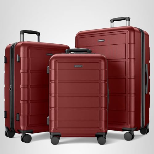 SHOWKOO Luggage Sets 3 Piece Expandable 100% PC Durable Hardshell Suitcase with Wheels TSA Lock Lightweight Wine Red