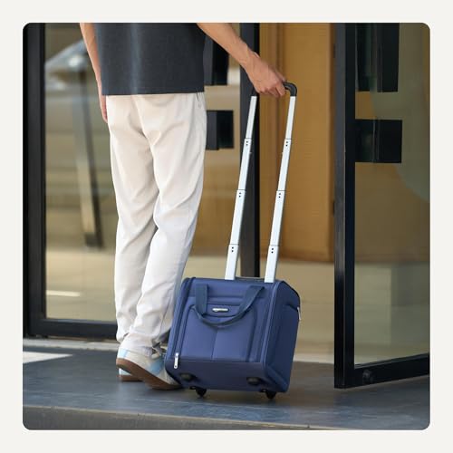 Amazon Basics Underseat Carry-On Luggage with Wheels and Handle, 14" Rolling Travel Bag, Fits Overhead Bins, Organized Compartments, Navy
