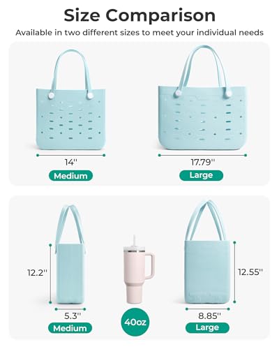 BAGSMART Beach Bag for Women, Water-resistant Rubber Tote Bag, Sandproof Vacation Essentials for Summer Swim Cruise Pool, Sea Glass Sage, Medium