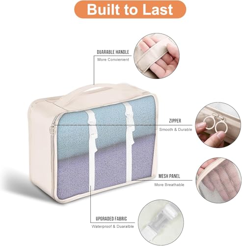 HLILai Packing Cubes for Travel - 7 Set Luggage Organizer Bags for Family, Mesh Breathable Travel Packing Cubes for Suitcases Durable Essentials Bags Set with Large Toiletries Bag(Beige)