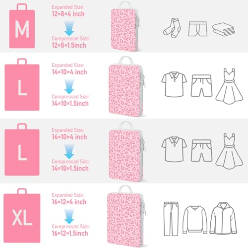 Lemoobolsa 4 Set Compression Packing Cubes For Travel Bags Organizer For Luggage Suitcase Organizer, Compression Bags For Travel Accessories Luggage Storage Set (4 Pcs, Pink Leoparda)
