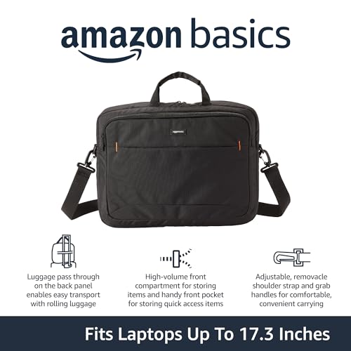 Amazon Basics Laptop Shoulder Bag with Compartments, 17.3-inch, Black, Large Capacity, Fits Dell, HP, ASUS, Lenovo, MacBook Pro and more