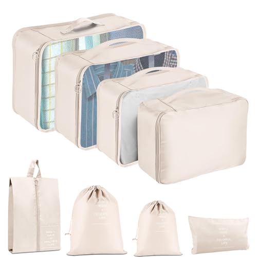 YEEYAA Packing Cubes for Travel- 8 Set Luggage Organizer Bags for Family, Mesh Breathable Travel Packing Cubes for Suitcases Durable Travel Essentials Bags Set (Beige, 8 Set)