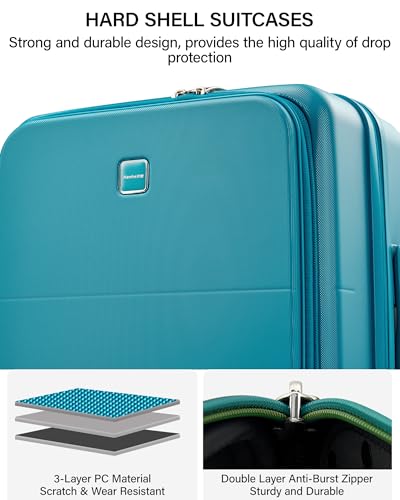 Hanke 20 Inch Expandable Carry On Luggage with Cup Holder 22x14x9 Airline Approved, Top Opening Hard Shell Suitcases with Wheels, Carry-On Travel Suitcase Trunk Luggage with Lock, Caribbean Blue