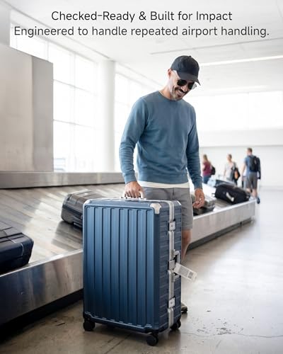 LUGGEX Checked Suitcase with Spinner Wheels, 8010S Aluminum Frame Zipperless Polycarbonate Hard Shell Suitcase (ZX-Core, Blue, 28 Inch)