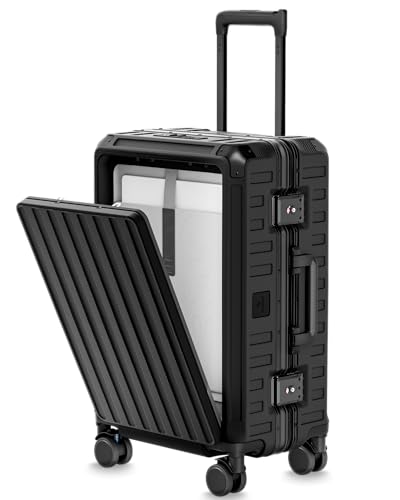 LUGGEX Zipperless Carry On Luggage with Spinner Wheels 22.5" x 15.5" x 9.6", SF81 Aluminum Polycarbonate Hard Shell Front Opening Suitcase, TSA & Cup Holder (ZX-Pro, Black)