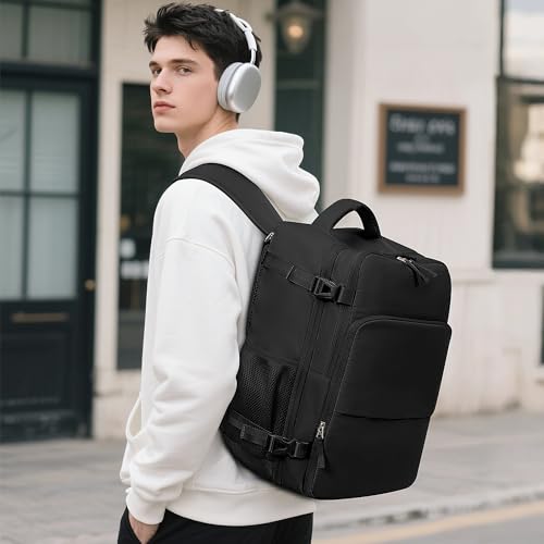 Sinaliy Travel Backpack for Men Women, Airline Approved Carry on Personal Item Bag, Waterproof 16 Inch Laptop Backpack for Work, College School Business, Convertible Travel Bag with Wet Pocket, Black