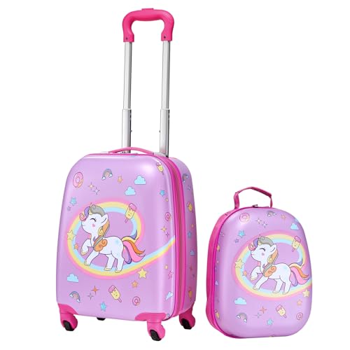 VEVOR Kids Luggage Set, 2 Piece, 18 Inch Hardside Rolling Wheels Suitcase with Hard-Shell Backpack, Unicorn Kids Carry on Luggage Set, Holiday Birthday Gift for Girls & Boys, Airline Approved