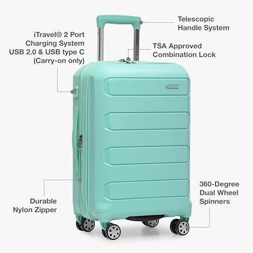 Traveler's Choice Pagosa Hardshell Expandable Luggage with Spinner Wheels, Mint, 22-Inch Carry-on