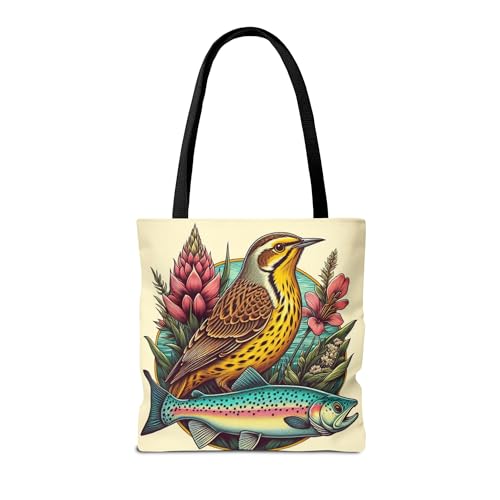 Premium Montana Inspired Tote Bag - Bitterroot, Western Meadowlark, Cutthroat Trout with Reinforced Stitching