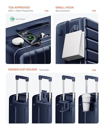 ISLAND ELEPHANT Expandable 20Inch Carry On Luggage Airline Approved - Top Opening Hardside Travel Suitcase Unbreakable -with Cup Holder,USB Charge,Side Pothook, 360°Spinner Wheels, TSA Lock-Navy Blue