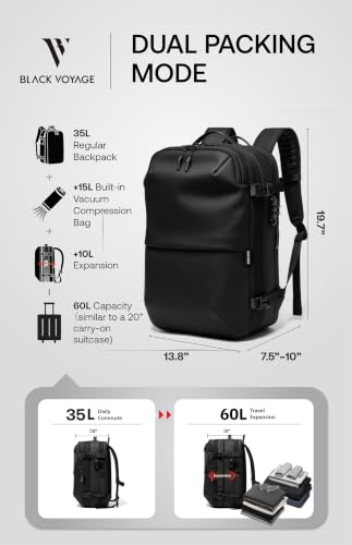 BlackVoyage Vortex Vacuum Seal Travel Backpack 60L Expandable Air Compression System Water Resistant TSA Lock Carry-On Suitcase Luggage Black AERO Essential Series Vacuum Pump Included