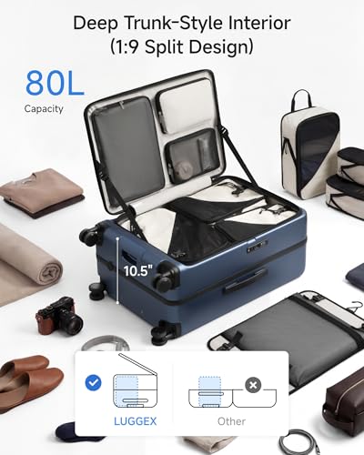 LUGGEX Top Opening Checked Luggage 26 Inch, FLA Aluminum Frame Trunk Style Luggage, Polycarbonate Hard Shell Suitcase (FX-Enhance, Blue, 80L)