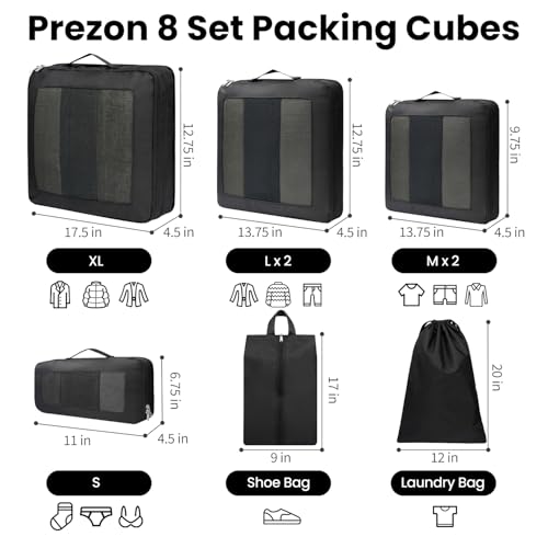 Prezon Compression Packing Cubes for Travel, Lightweight Vacation Travel Essentials, Travel Accessories for Suitcase Organizer Bags Set, Durable Luggage Organizer, 8 set, squre mesh, black