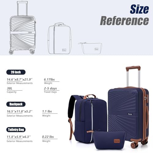 Eeeza Carry On Luggage Set 22x14x9 Airline Approved Luggage Sets 3 Piece,Suitcases with Wheels,ABS Hard Case Luggage with TSA Lock Spinner Wheels(20 Inch,BP/TB)