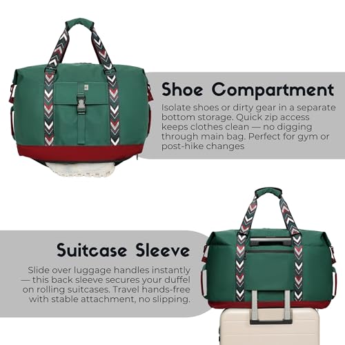 SUNNY BIRD Duffel with Utility Pouch, 40L Weekender Overnight Bag with Shoe Compartment for Travel and Sports (Greenboho)