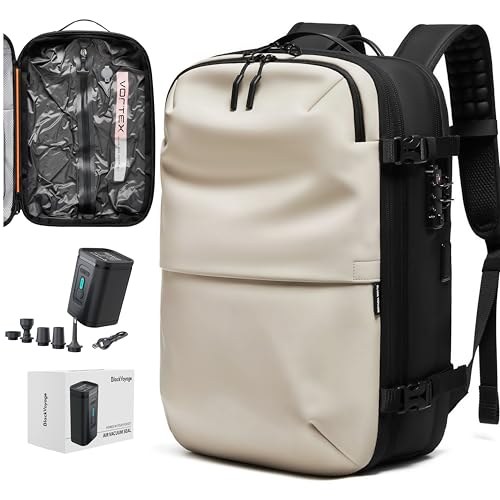 BlackVoyage Vortex Vacuum Seal Travel Backpack 60L Expandable Air Compression System Water Resistant TSA Lock Carry-On Suitcase Luggage White AERO Essential Series Vacuum Pump Included